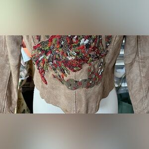 Suede jacket with hand beaded rooster on back